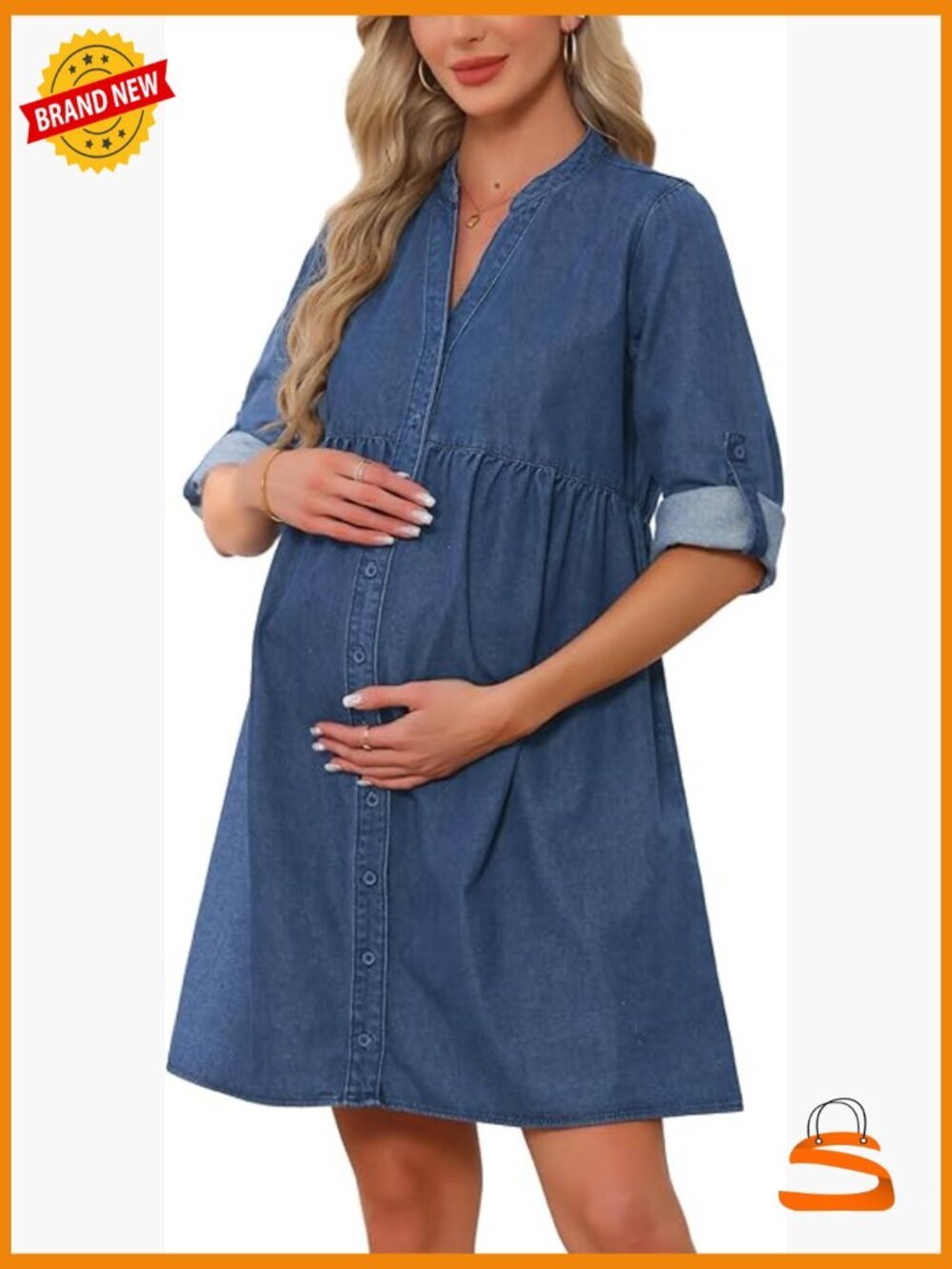 Maternity Denim Babydoll Dress Long Sleeve Button Down Shirt Dress Fall